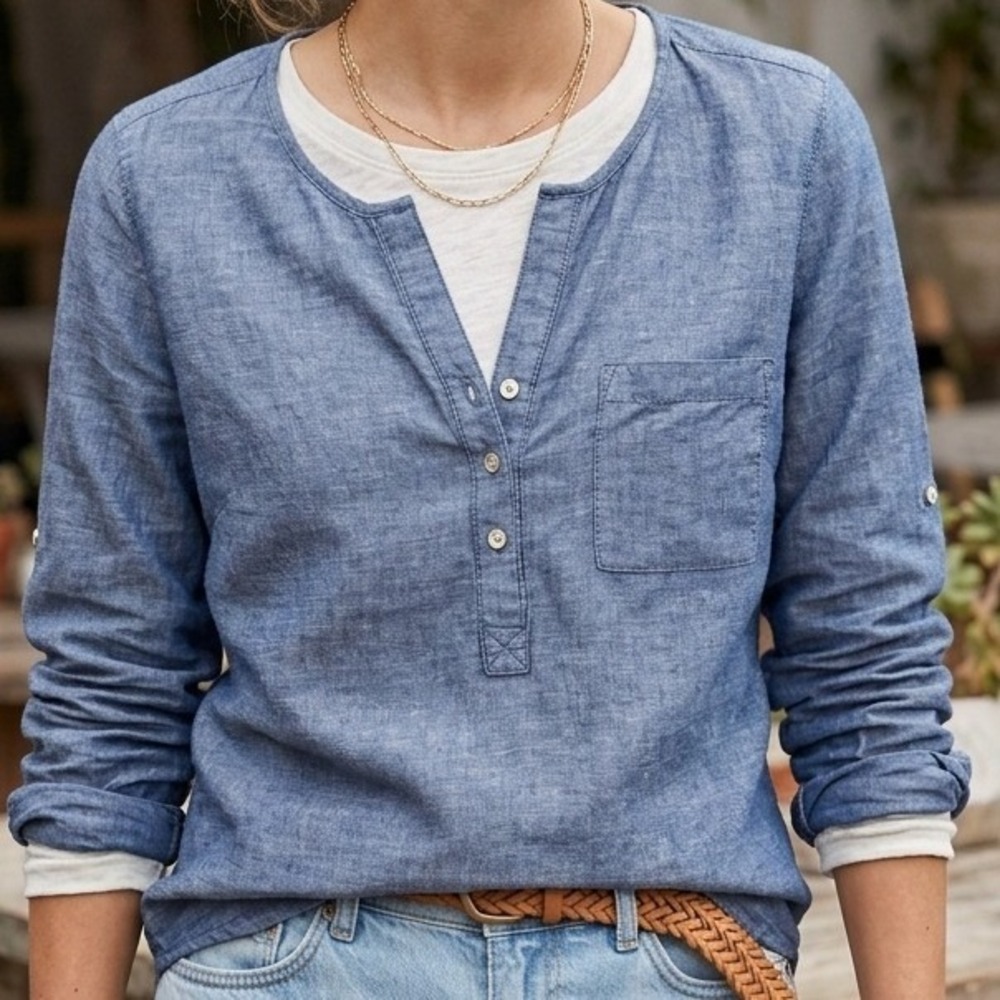 Max Studio Womens Blue Linen Blend Split Neck Button Blouse Size S